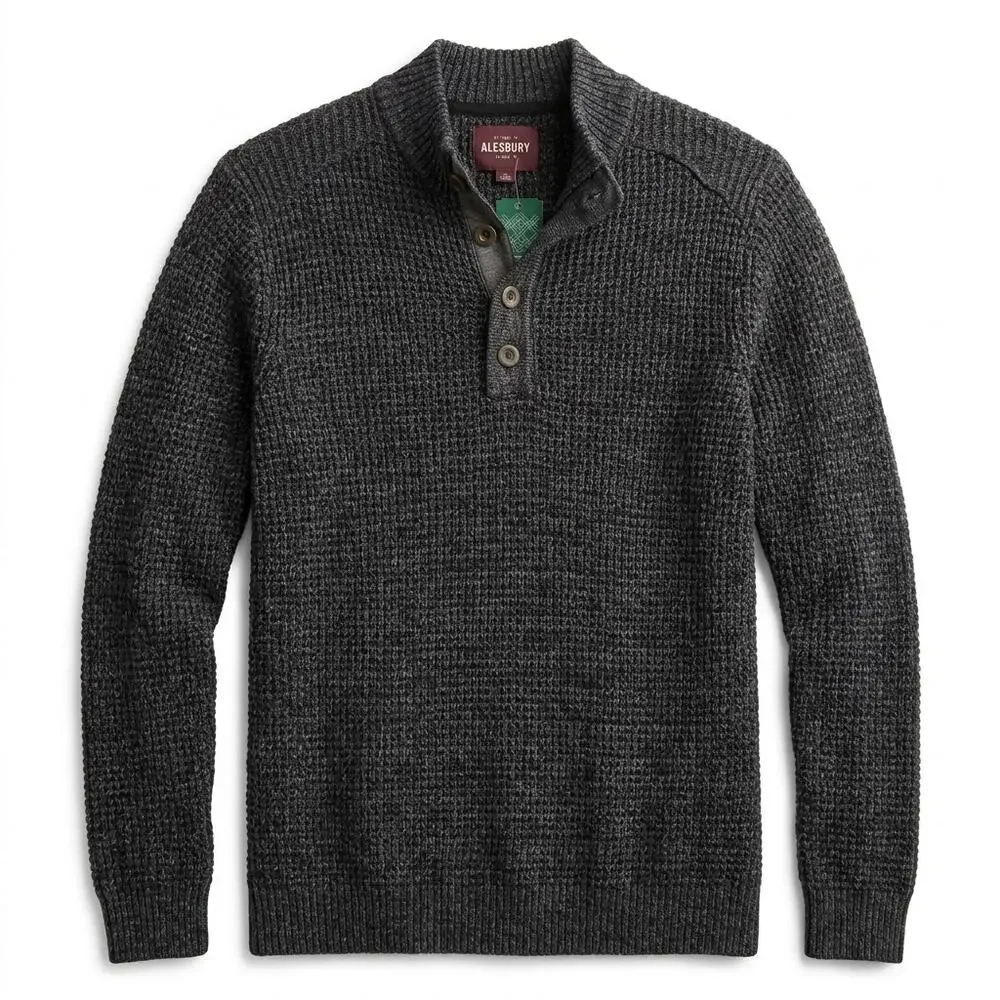 NWT Alesbury Acadia Waffle Henley Black Marled Waffle Sweater Men Size L